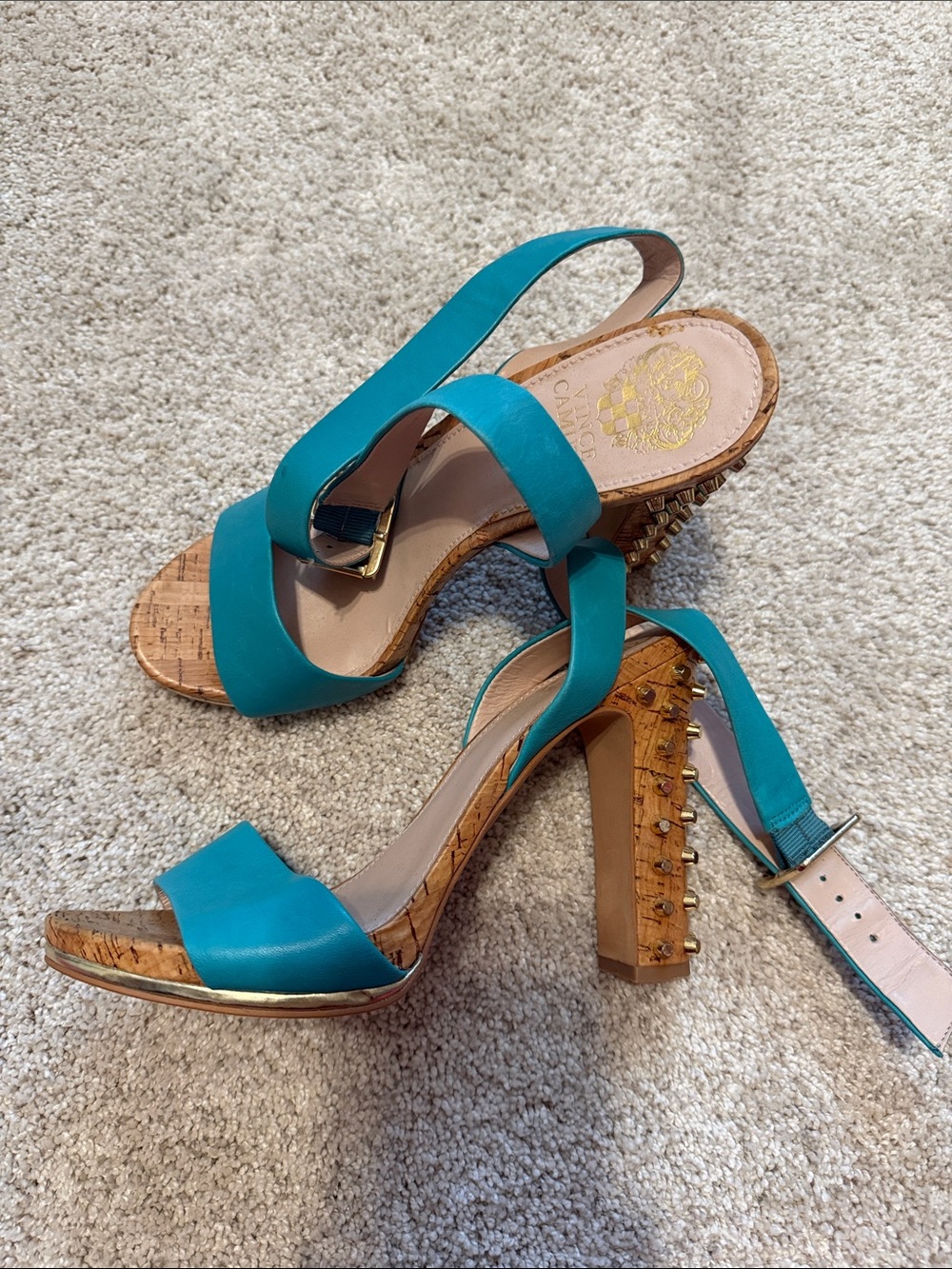 Women's Vince Camuto Teal Strappy Cork Block Heel Sandals